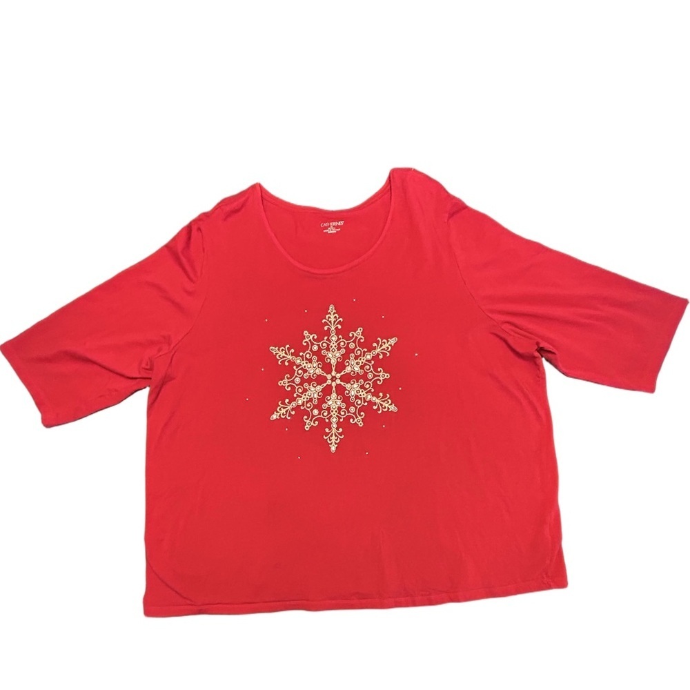 Catherines comfy festive Xmas red 3/4 sleeve snowflake rhinestone bling top 3X